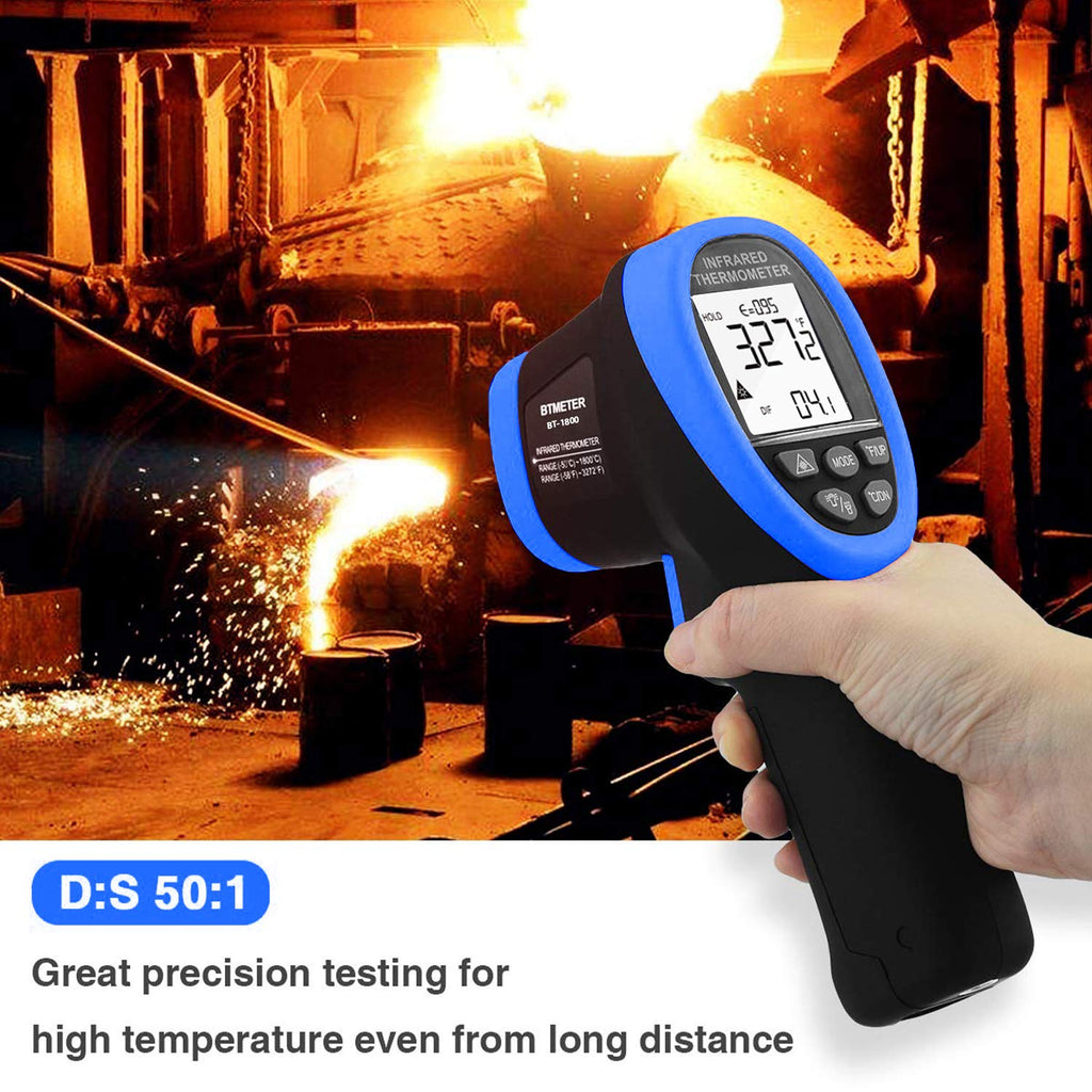 BTMETER BT-1800 Non Contact Pyrometer High Temperature Infrared Thermometer Gun -58°F ~3272°F (-50~1800℃) DS 50:1 for Metal Melting Furnace Forge Kiln Tempe Tester-blue(NOT for Human Temp)