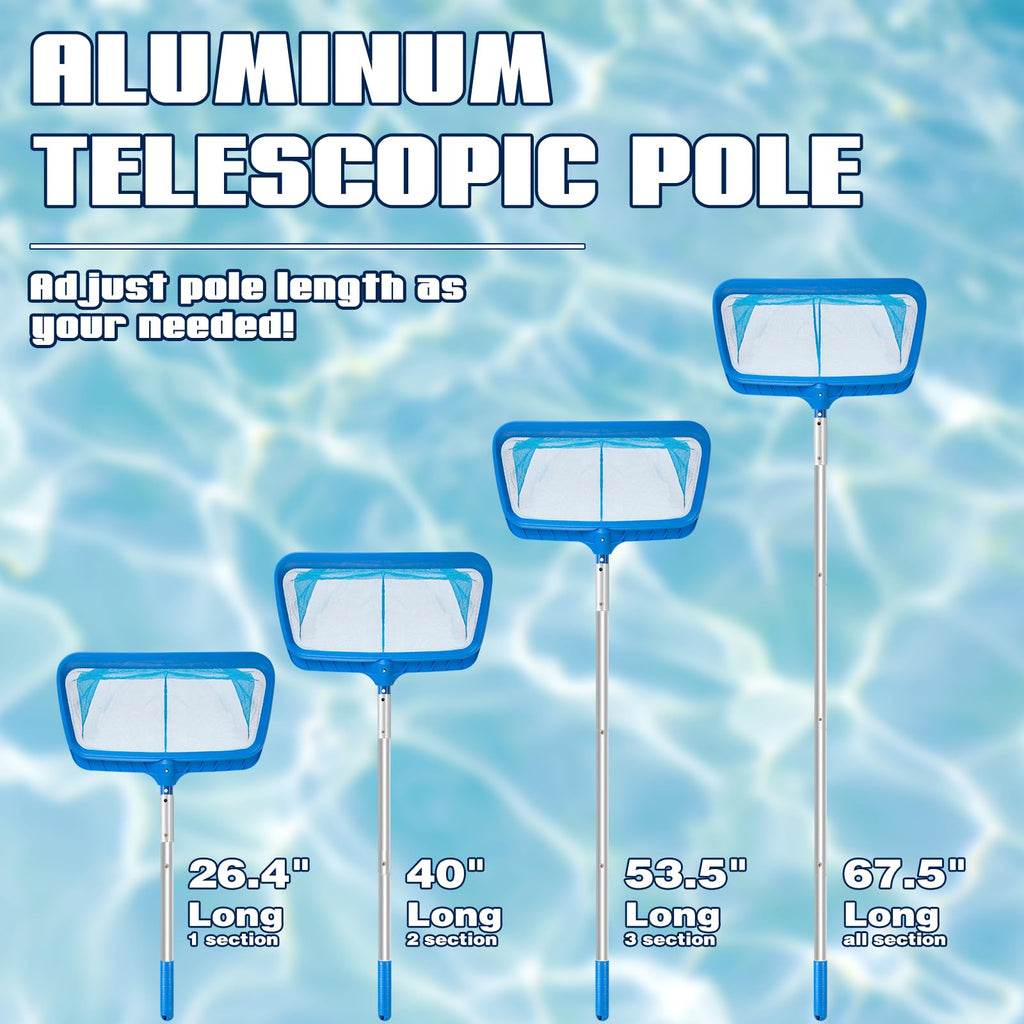 Pool Skimmer - Pool Net with Pole, 4 Section, 26.4"-66.5" Thick Adjustable Telescopic Pole & Fine Mesh Pool Skimmer Net,Larger Capacity Pool Nets for Cleaning, Durable Deep Rake Pool Net Skimmer