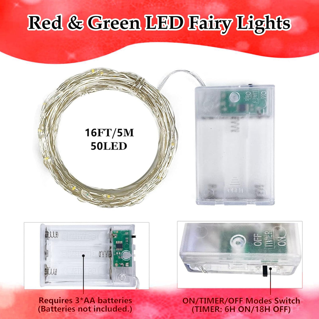 4-Pack 50 LED Fairy Lights Battery Operated with Timer, 16FT Waterproof Starry Christmas Lights Outdoor Indoor Mini Twinkle String Lights for Bedroom Home Wedding Party Christmas Decor (Red and Green)