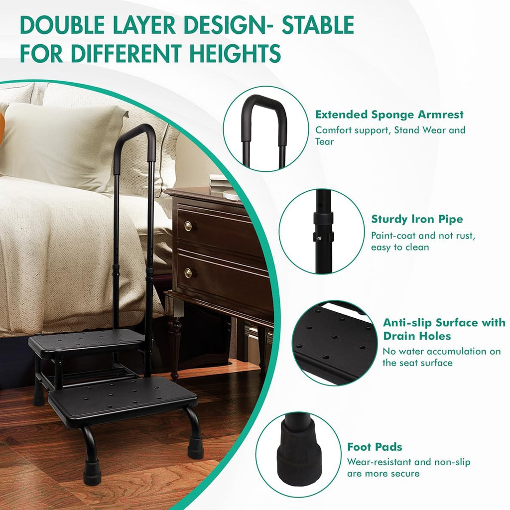 Gyykzz 2 Step Stool with Handle for Elderly, Heavy Duty Medical Step Stool with Adjustable Handrail and Non-Slid Platform for Adults, Seniors and Handicap, Bed Steps for High Beds Holds up to 400LBS