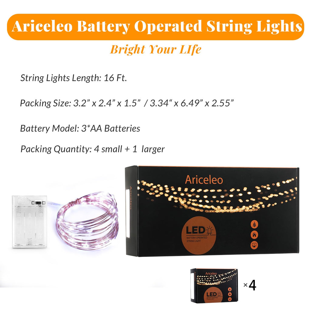 Ariceleo Led Fairy Lights Battery Operated, 4 Packs Mini Battery Powered Copper Wire Starry Fairy Lights for Bedroom, Christmas, Parties, Wedding, Centerpiece, Decoration (5m/16ft Cool White)