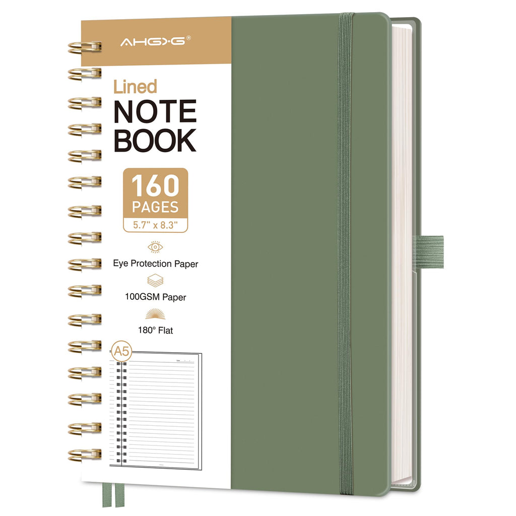 Spiral Journal Notebook, 160 Lined Pages, A5 Medium Size (5.7'' x 8.3''), for Men & Women, Journaling, Writing, Work & Office, Hardcover, 100 GSM Thick Paper (Light Green)