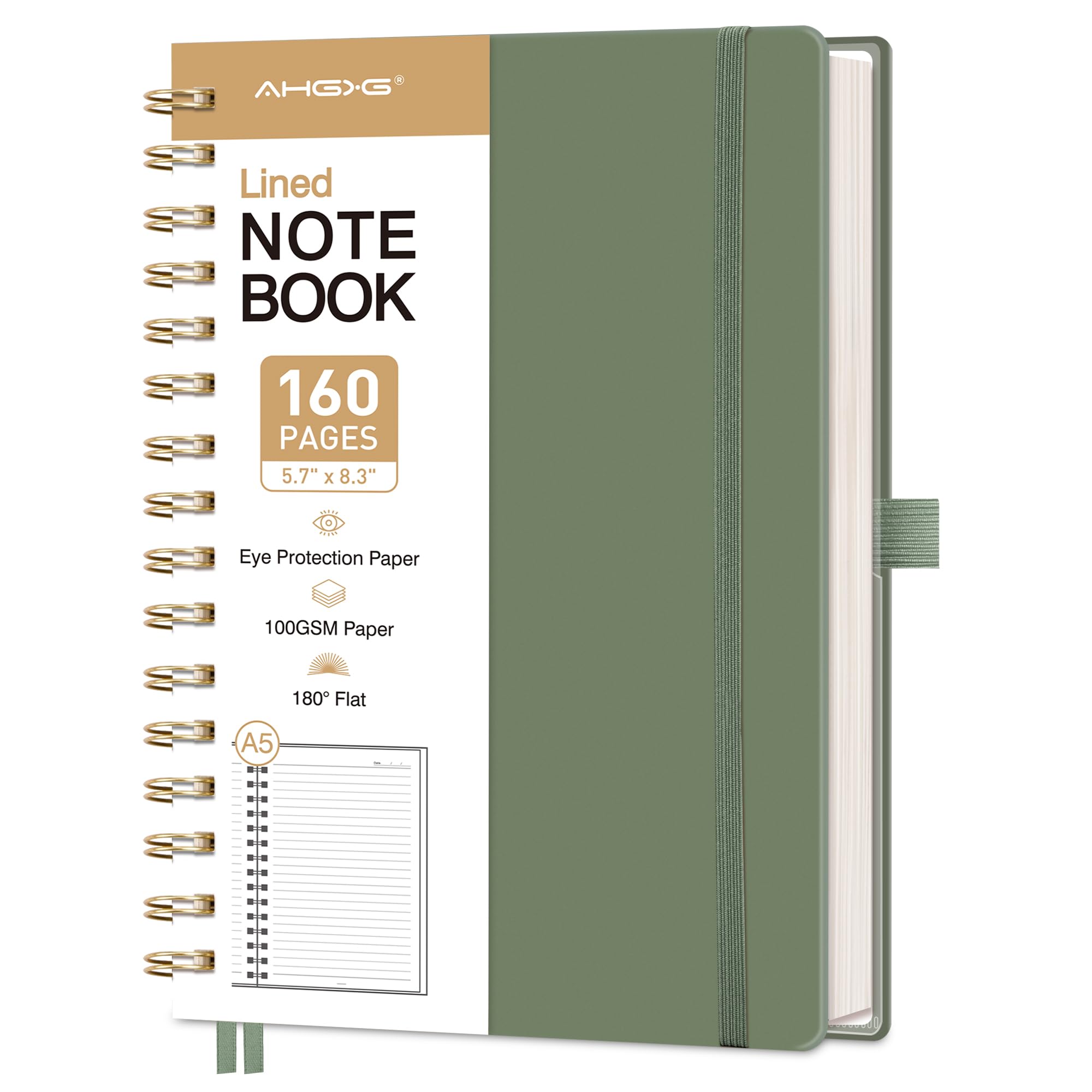 Spiral Journal Notebook, 160 Lined Pages, A5 Medium Size (5.7'' x 8.3''), for Men & Women, Journaling, Writing, Work & Office, Hardcover, 100 GSM Thick Paper (Light Green)