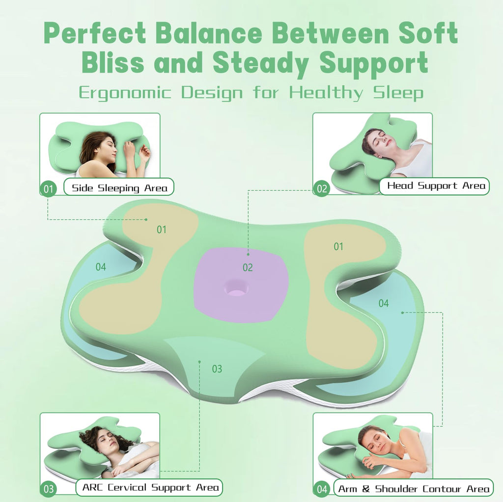 Cervical Pillow for Neck Pain Relief, Ergonomic Pillow for Side Sleeping, Orthopedic Pillow for Back & Stomach Sleepers, Cooling Memory Foam Neck Pillows for Shoulder Pain for Deep Sleep (Green)