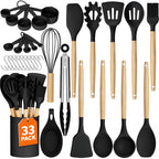 WISELIFE Kitchen Utensils Set - 33 PCS, Heat-Resistant Silicone Cooking Utensils Set with Wooden Handle, BPA-Free Kitchen Gadgets Spatula Sets with Holder for Nonstick Cookware (Black)