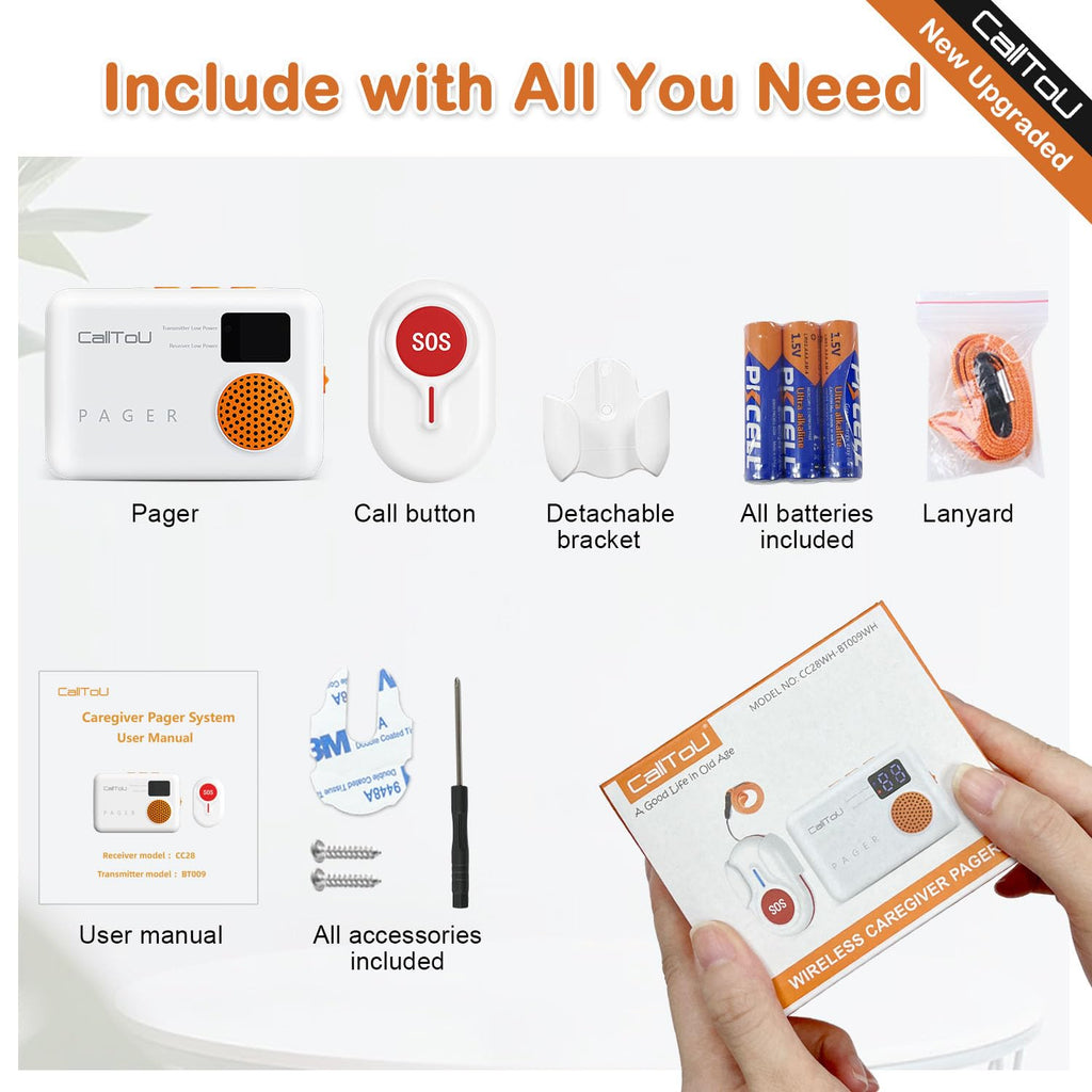 CallToU Caregiver Pager Wireless Call Button Vibration Call Bell Nurse Call System 1000FT for Home/Elderly/Patient/Disabled 1 Battery Receiver 1 Call Button with Digital Display Low Power Reminder