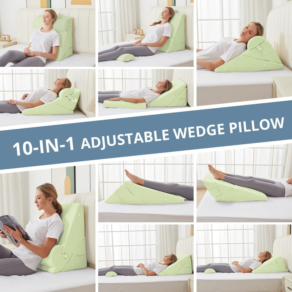 Sasttie Wedge Pillow for Headboard, Adjustable Bed Wedge Pillow Set with Orthopedic Memory Foam Neck Cushion – for Acid Reflux, Neck & Back Support, and Post-Surgery Recovery, Sage