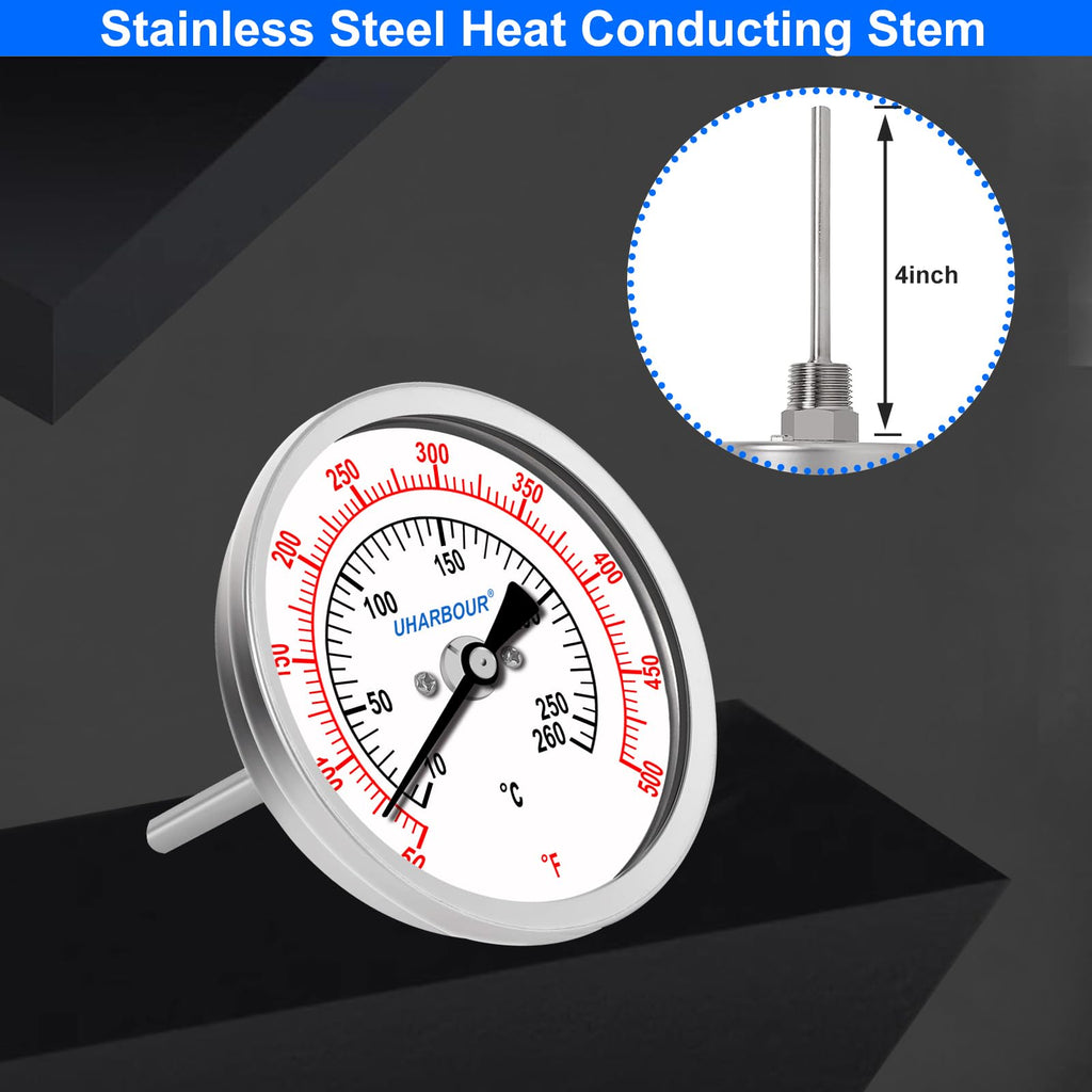 UHARBOUR 3" Dial Oil Thermometer for Frying, Fully StainlessSteel Deep Fry Thermometer, 4" Stainless Steel Stem, 50 to 500°F, 1/2" NPT Back Mount