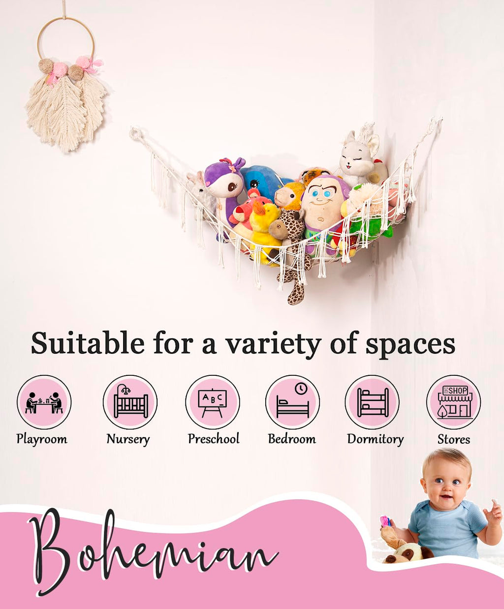 Xiaheshu Macrame Stuffed Animal Net or Hammock Hanging Net for Plush Toy Holder Squishmallow Net Toy Hammock for Stuffed Animals Storage Ideas Plushie Net Hammock Stuffy Animal Holder Organizer