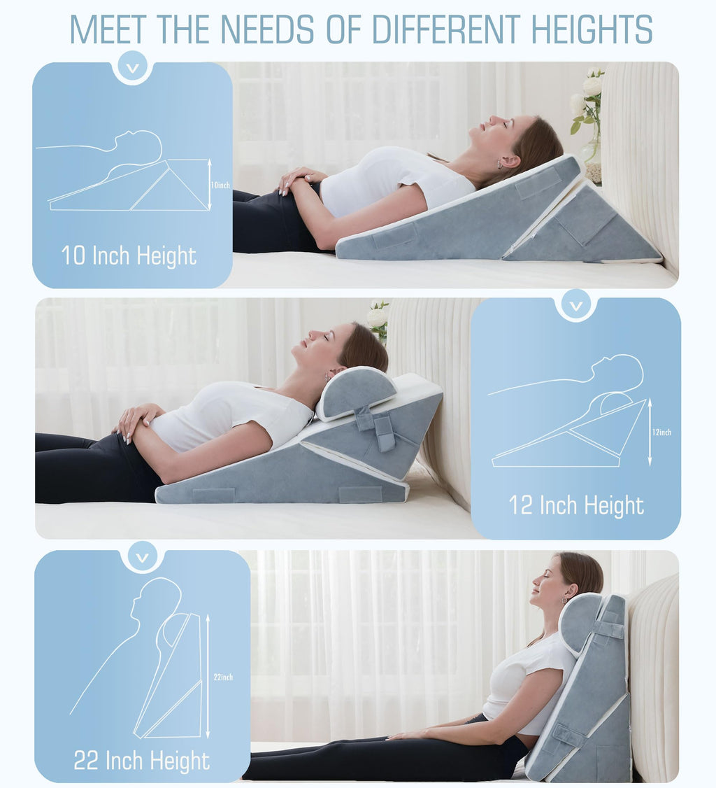 Ziiyllean 3Pcs Orthopedic Bed Wedge Pillow for Sleeping, Adjustable 9&12 Inch Memory Foam Wedge Pillow Post Surgery or Back, Neck and Knee Support, Triangle Pillow for Acid Reflux Gerd Snoring