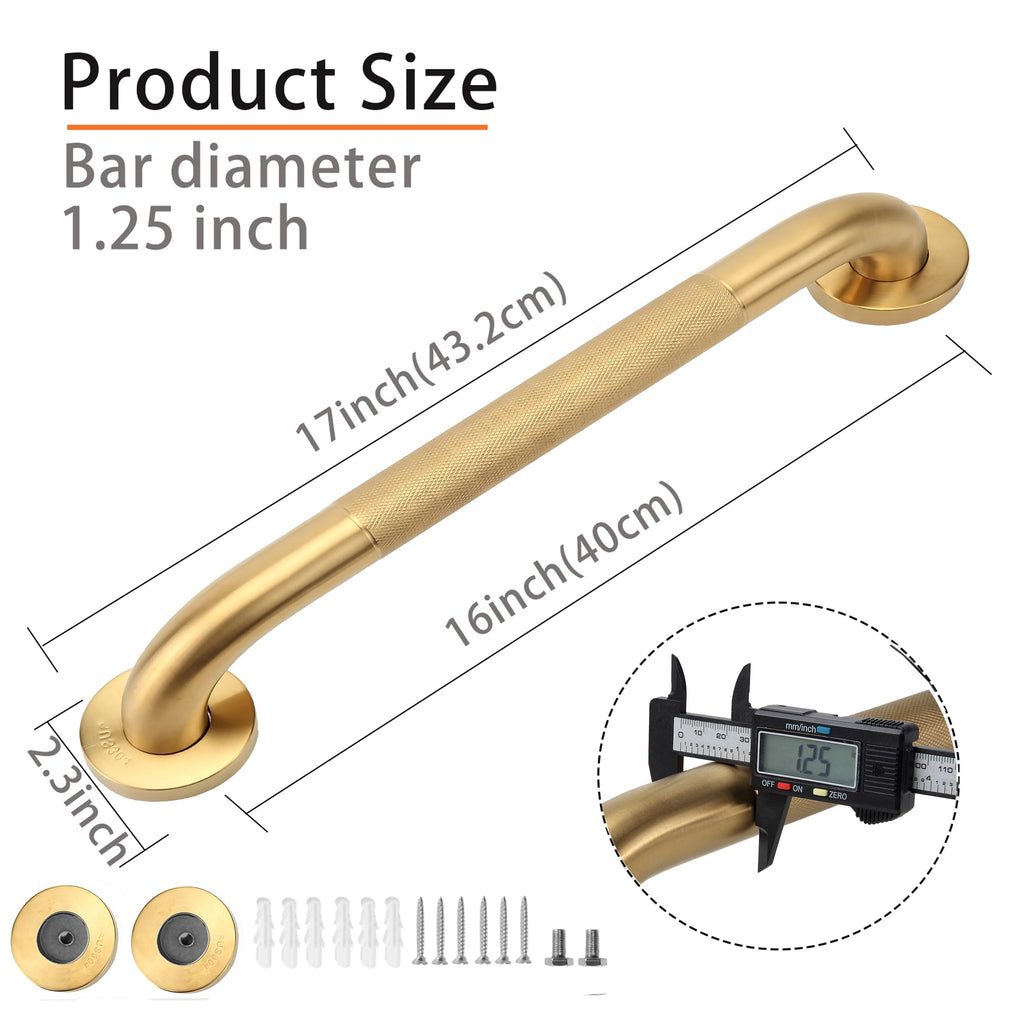 Rackickyer Shower Grab Bar, 2 Pack 16 Inch Gold Bathroom Grab Bar, 1.25" Diameter 304 Stainless Steel Anti-Slip Grab Bars for Bathtubs and Showers, Handicap Shower Grab Bar for Seniors Elderly