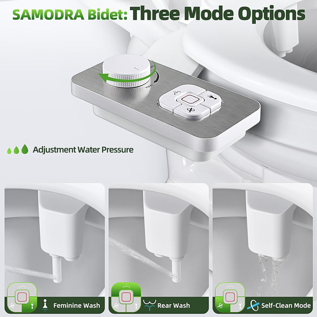 SAMODRA Bidet Attachment, Non-Electric Cold Water Bidet Toilet Seat Attachment with Pressure Controls, Retractable Self-Cleaning Dual Nozzles for Frontal & Rear Wash - Brushed Nickel