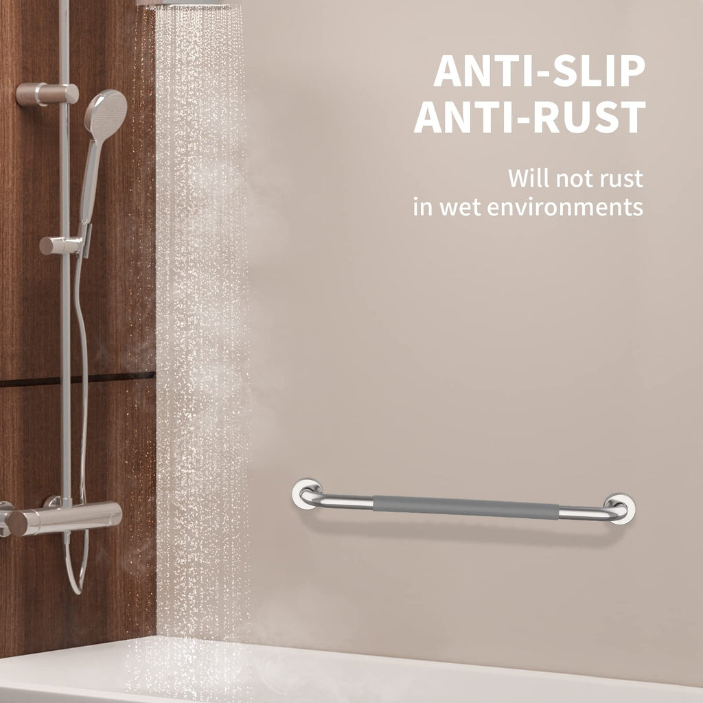 24 Inch Anti Slip Shower Grab Bar, Munzong Chrome Stainless Steel Bathroom Grab Bar w/Gray Rubber Grip, Bathroom Balance Bar,Safety Handrail Support,Handicap Elderly Senior Assist Bath Handle