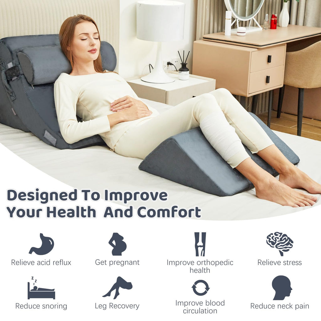 PIASHJOY 4pcs Bed Wedge Pillow Post Surgery,Wedge Pillow for Sleep apnea for Relief of Body Back and Leg Pain,Acid Reflux and Anti-snoring.