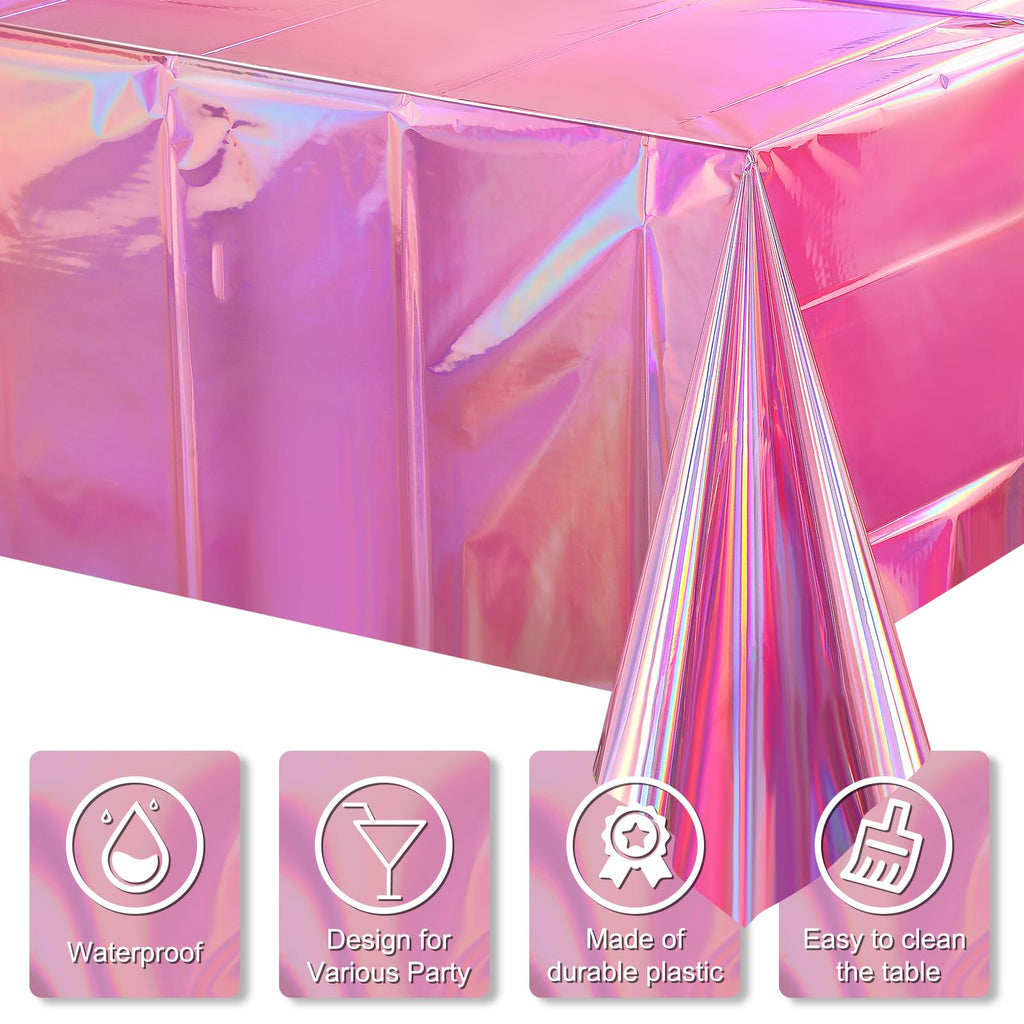 8 Pack Iridescent Pink Plastic Tablecloths, FunnyPars Shiny Disposable Laser Rectangle Table Covers, Holographic Foil Tablecloth Iridescent Party Decorations for Birthday Wedding Christmas, 54x108Inch