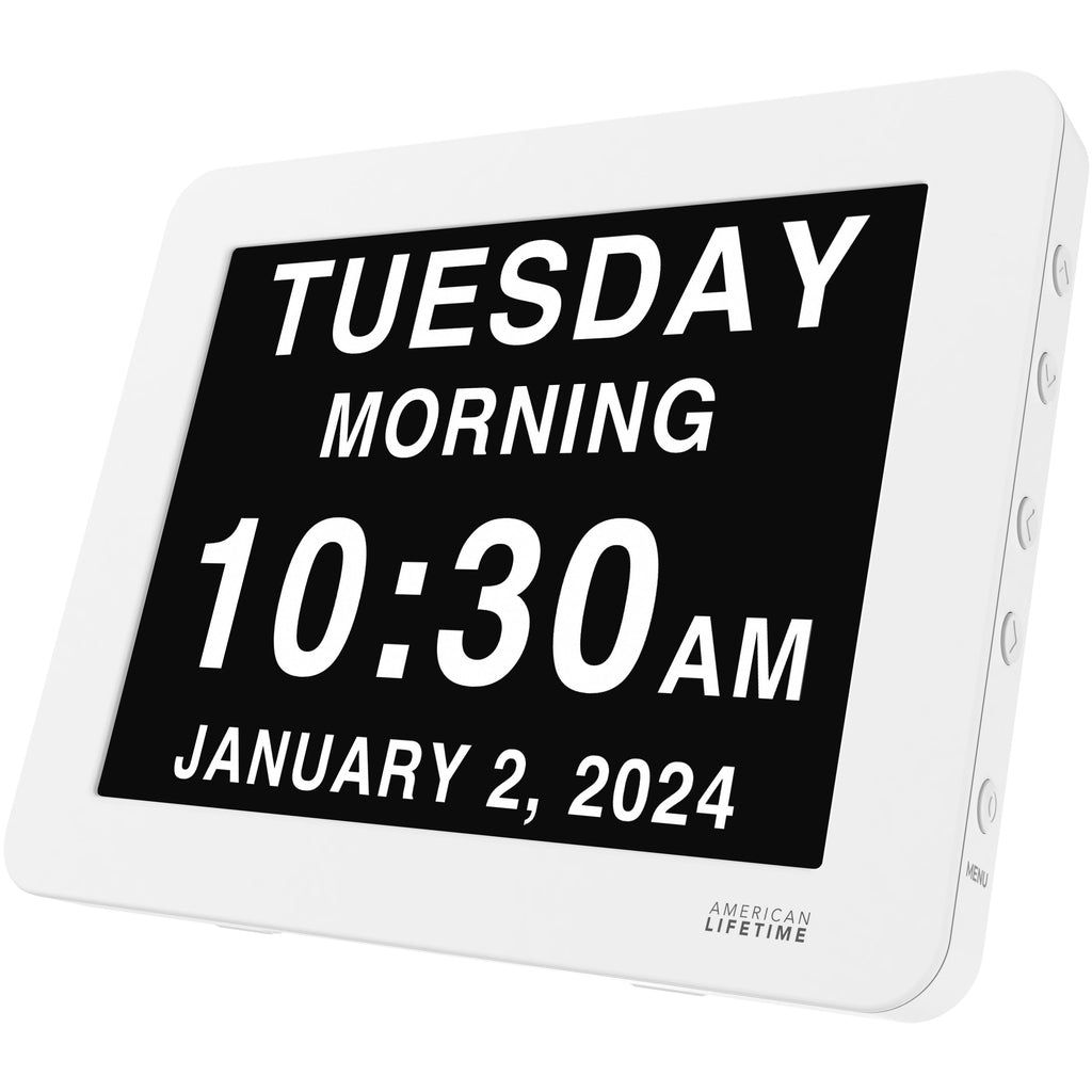 American Lifetime 【New 2024 Dementia Clock Large Digital Clock for Seniors, Digital Clock Large Display with Custom Alarms, Clock with Day & Date for Elderly, Large Number Digital Clock Premium White