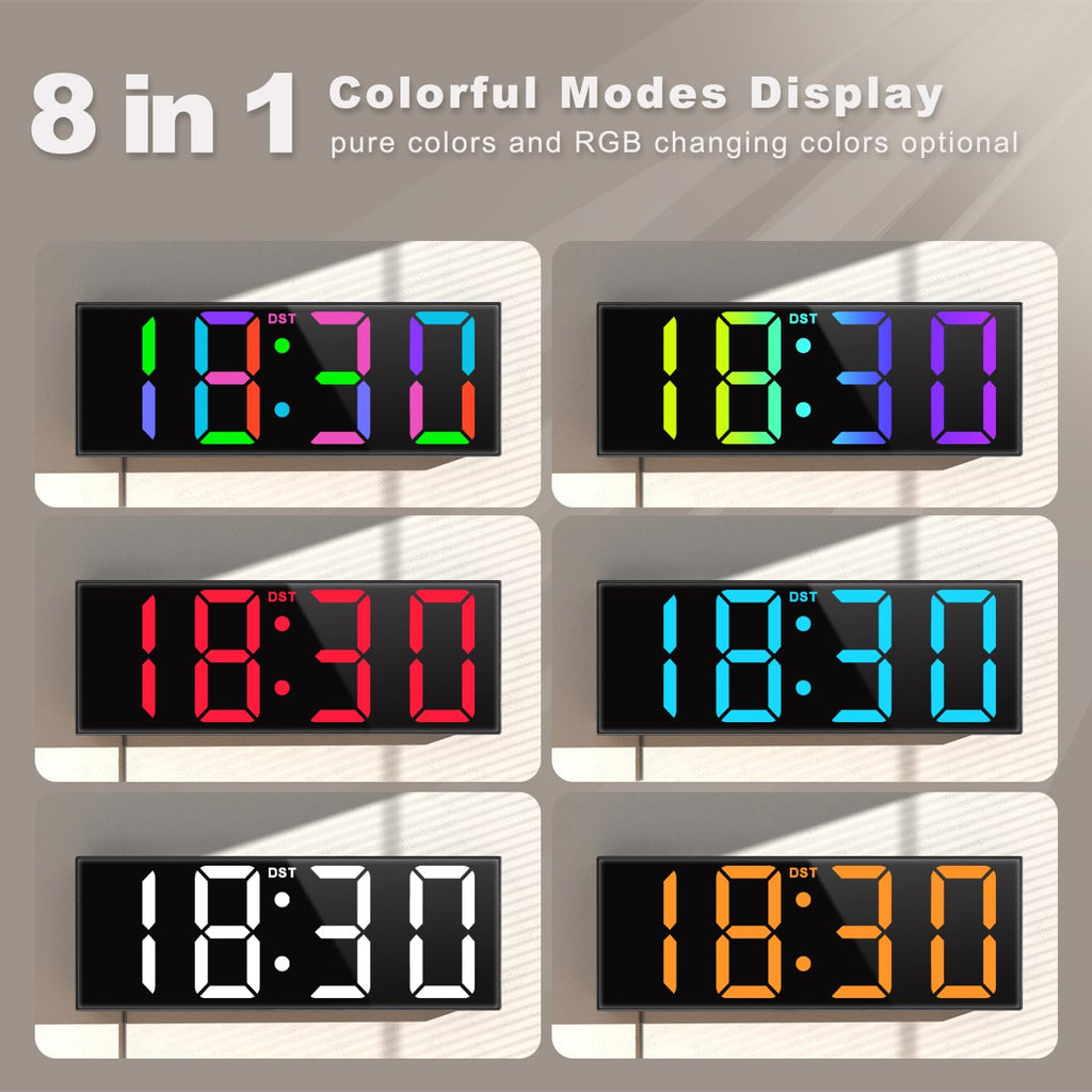JALL 12'' Large Digital Wall Clock with Remote Control, Big LED Screen Dispaly, 8 RGB Colors, DST, Night Light for Living Room, Bedroom, Gift for Elderly (Black)
