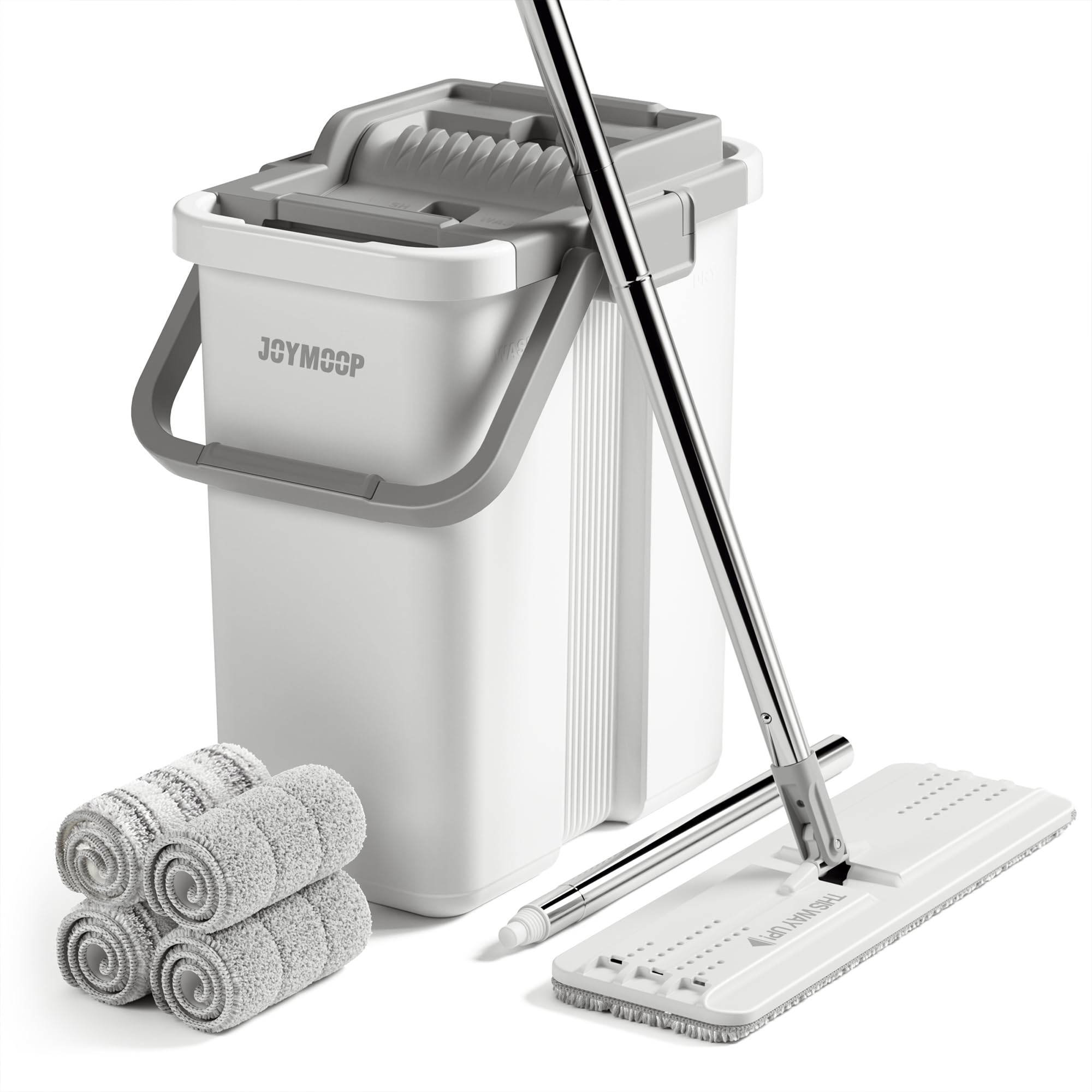 JOYMOOP Mop and Bucket with Wringer Set, Flat Squeeze Mop Flat Head, Dust Mops for Wall Cleaner with Long Handle, Hands-Free Microfiber Mops for Floor Cleaning - White