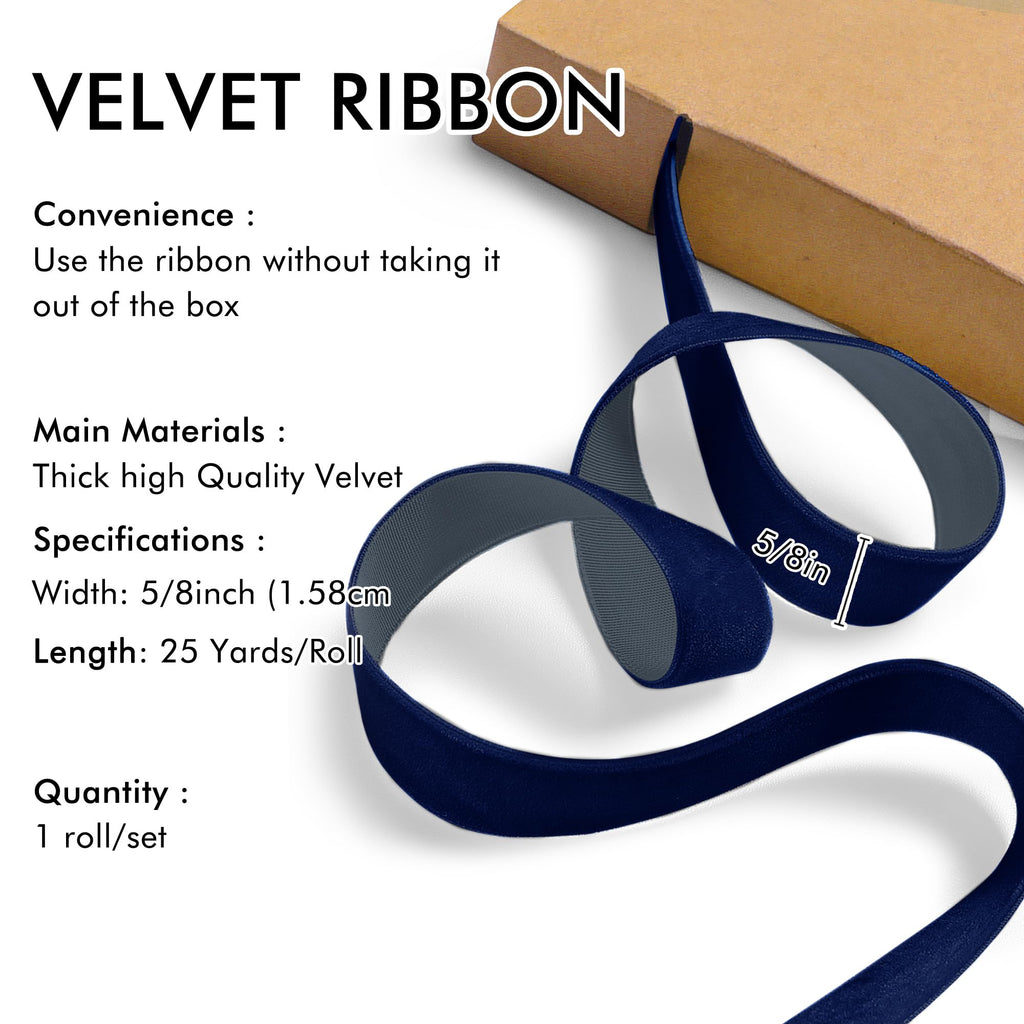 Navy Blue Velvet Ribbon 5/8'' 25 Yards for Christmas Tree, Gift Wrapping, Flower Bouquet, Wreath Decorations, Bow Making