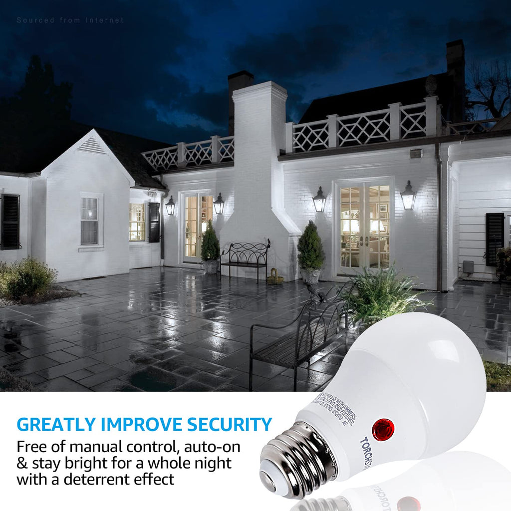 TORCHSTAR Dusk to Dawn Light Bulbs Outdoor, Sensor A19 LED Light Bulb, Auto on/Off Photocell Automatic for Outdoor Lighting, 5000K, Pack of 4