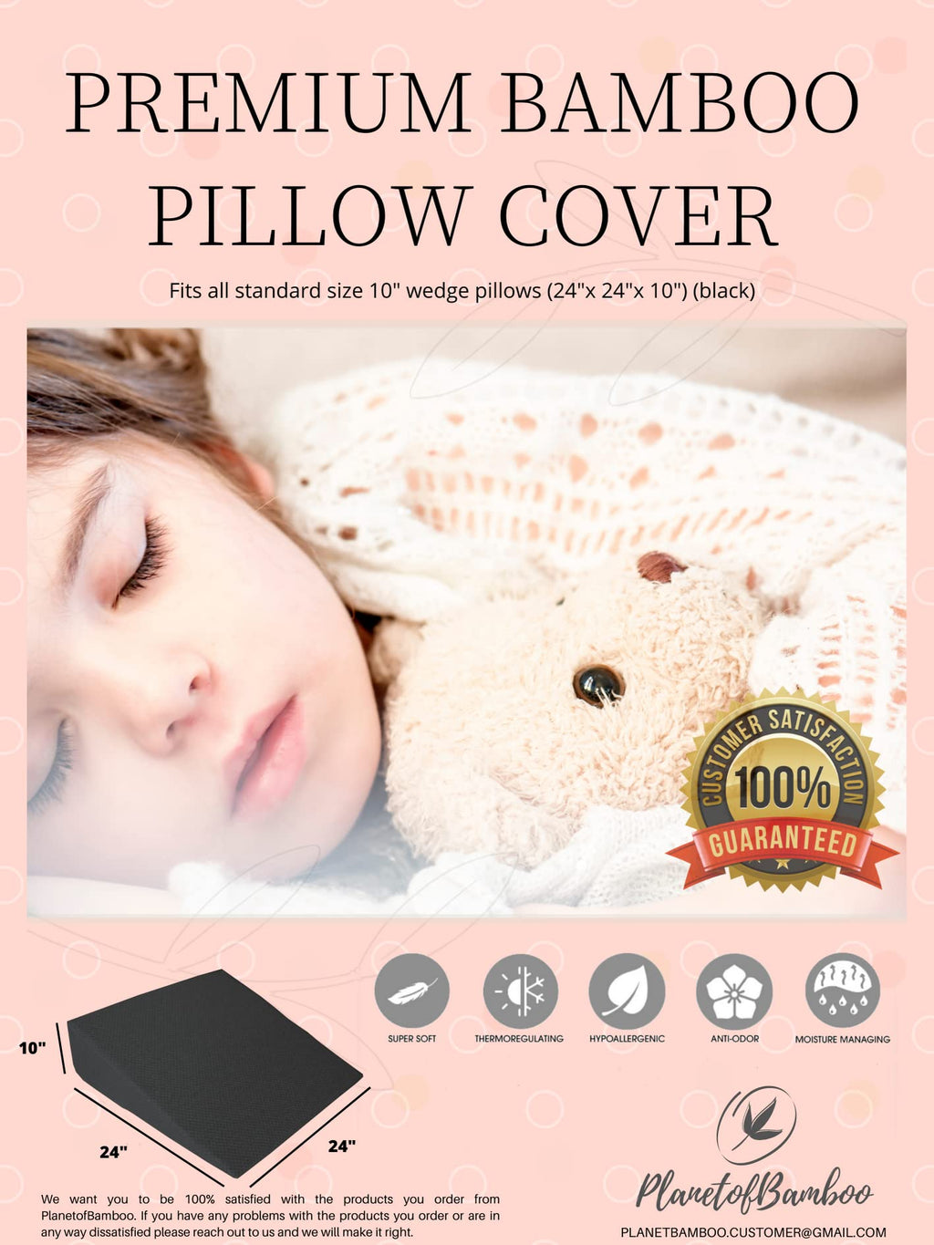 PLANETOFBAMBOO 100% Bamboo Fiber top Layer Replacement Wedge Pillow Cover (24 x 24 x 10) with Zipper - Sweat-Absorbent, Moisture-Wicking, Odor-Free Wedge Pillow Case (Black)