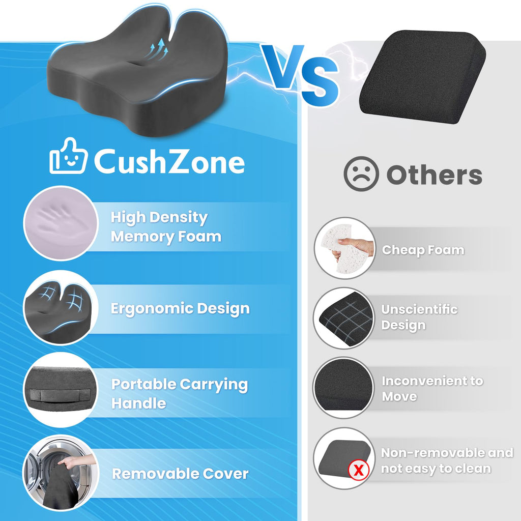 CushZone Seat Cushion, Memory Foam Office Chair Seat Cushion for Office Chairs/Car/Long Trip/Desk Chair/Gaming, Extra Large Size for Sciatica & Hip & Tailbone Pain Relief, Sciatica Support (Grey)