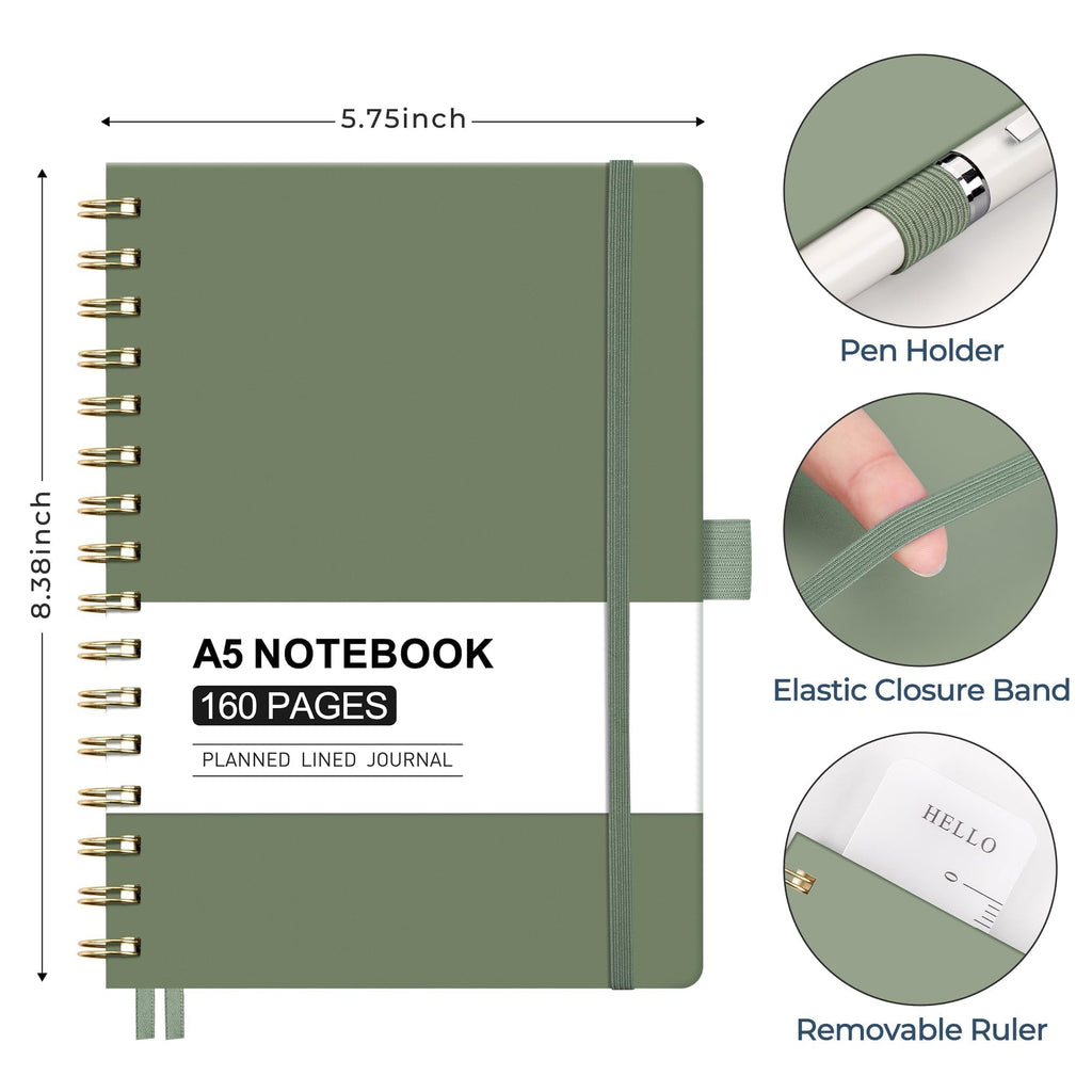 Spiral Journal Notebook, 160 Lined Pages, A5 Medium Size (5.7'' x 8.3''), for Men & Women, Journaling, Writing, Work & Office, Hardcover, 100 GSM Thick Paper (Light Green)
