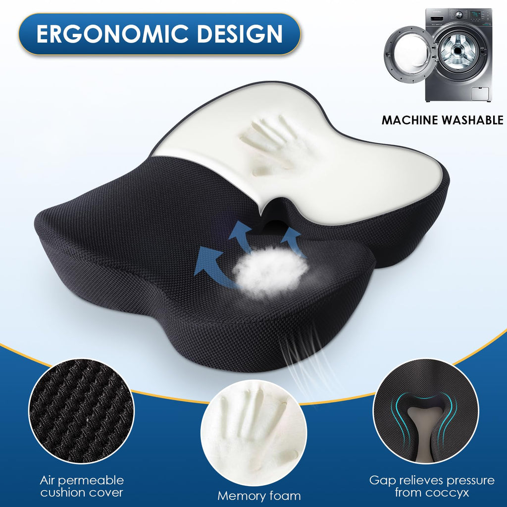 Juuwan Memory Foam Seat Cushion for Office Chair Pressure Relief Sciatica & Tailbone Pain Relief Memory Foam Coccyx Cushion for Long Sitting, for Home Chair, Gaming and Car Seat Cushion