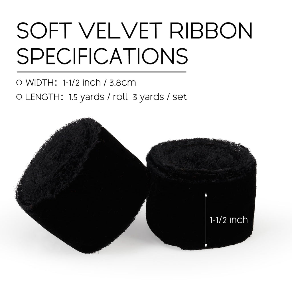 Keypan Black Velvet Ribbon for Gift Wrapping - 1 1/2 inch Wide Handmade Fringe Fabric Ribbon for Christmas Decorations, Baby Shower, Flower Bouquet