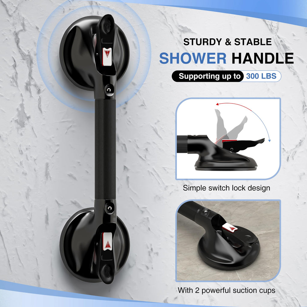 DAILYLIFE Shower Grab Bar for Bathtubs and Showers, 19 inch Heavy Duty Shower Handle with Strong Suction Cup, 300lbs Safety Shower Handrails for Seniors and Elderly, Black