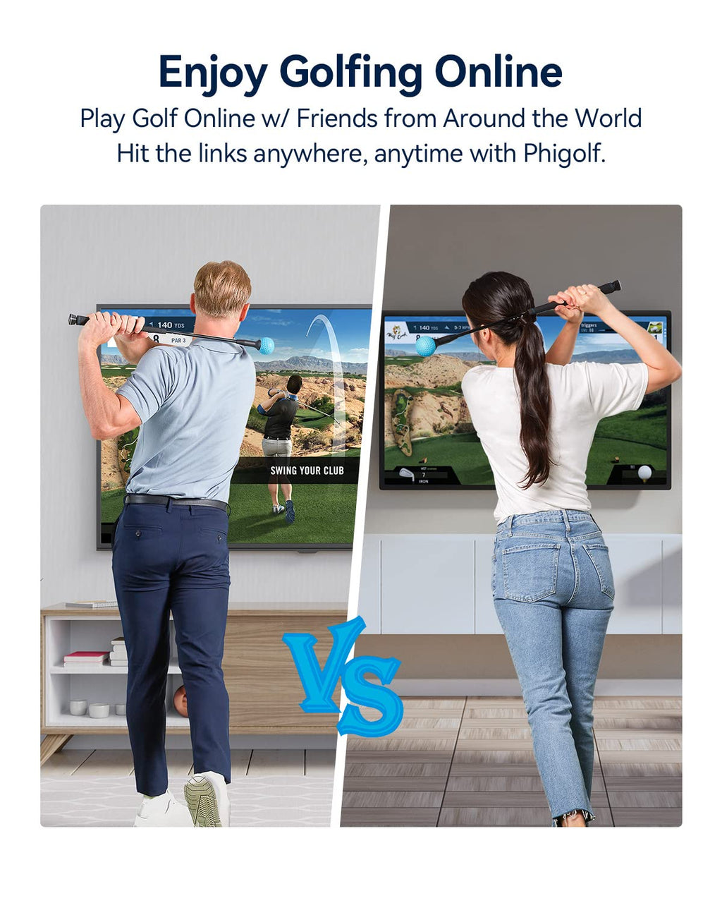 PHIGOLF Home Golf Simulator with Weighted Swing Stick, Indoor & Outdoor Use, Swing Trainer with Motion Sensor & 3D Swing Analysis, Supports Android and iOS Devices, Compatible with WGT & E6 Connect
