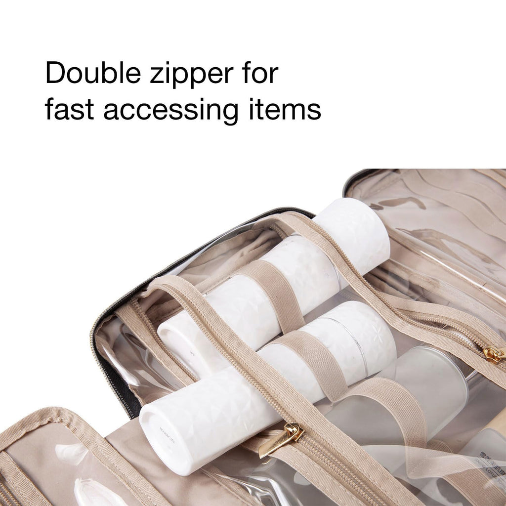BAGSMART Toiletry Bag Travel Bag with Hanging Hook, Water-resistant Makeup Cosmetic Bag Travel Organizer for Accessories, Shampoo, Full-size Container, Toiletries (Khaki Checkerboard, Medium)