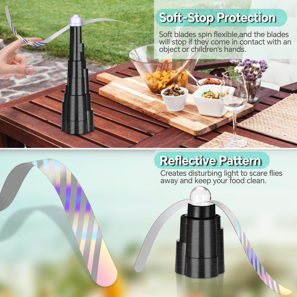 Fly Fans for Tables, Fly Fan for Outdoor Indoor Keep Flies Away, Portable Table Top Fan with LED Light, Fly Spinner with Soft Holographic Blades for Picnic, Restaurant, Party, Home, and BBQ (4 Pack)