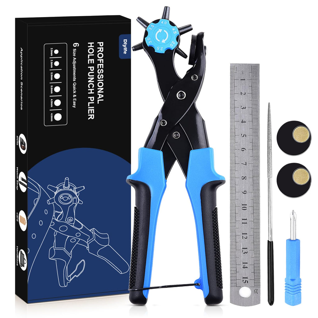 Professional Leather Hole Puncher, Full Set Punch Tool Kits for Belt, Watch Band, Shoe, Crafting, Handbag Straps, Fabric, with Extra Punch Plates and Ruler, Multi Hole Sizes Make - Blue