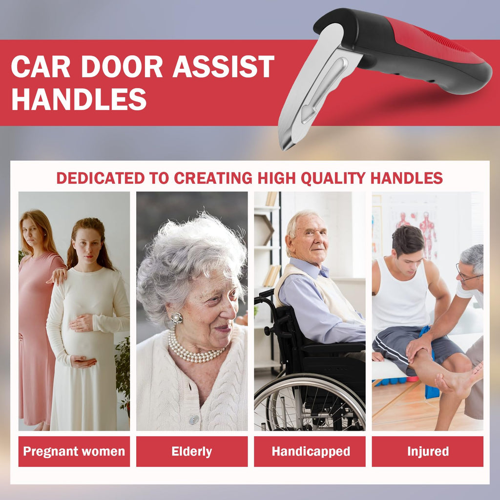 2Pcs Car Door Assist Handle, 3 in 1 Multifunction Portable Vehicle Support Handle, Seat-Belt Cutter and Window Breaker, Car Door Handle Assist for Elderly and Car Emergency Tool (Red)