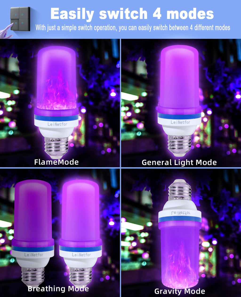 LeiNetfor Upgraded LED Purple Flame Light Bulbs - Halloween Decorations Outdoor Light Bulbs,E26/E27 Base Christmas Purple Flickering Light Bulbs Outdoo r, 3W LED Outdoor LED Lights Bulb (4 Pack)