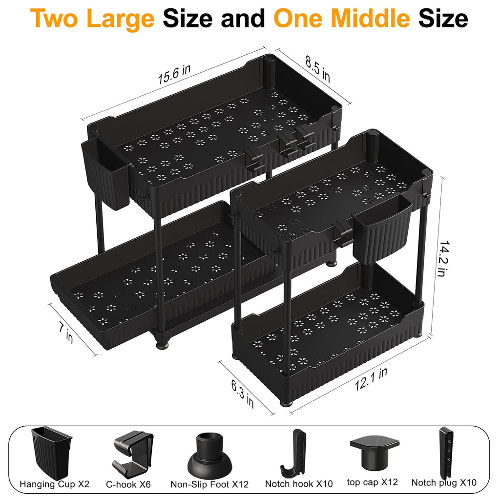 Sevenblue 3 Pack Under Sink Organizer, 2-Tier Multi-Use Kitchen Bathroom Organizers and Storage with Sliding Drawer, Bathroom Cabinet Organizer with Hooks and Hanging Cups (Black)