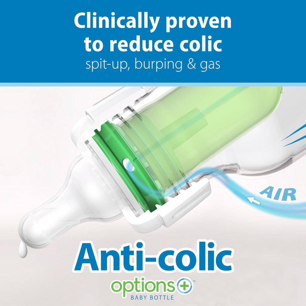 Dr. Brown's Natural Flow Anti-Colic Options+ Narrow Baby Bottle, 4 oz/120 mL, with Level 1 Slow Flow Nipple, 0m+, 4 Pack