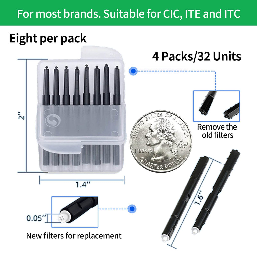 Sierescon Hearing aid Wax Guard Filters Cerumen Stop Wax Traps for Phonak, Resound, Widex and Unitron Hearing Aids Accessories with Cleaning Brush Kit Tools (32 Filters) (Black 4Packs)