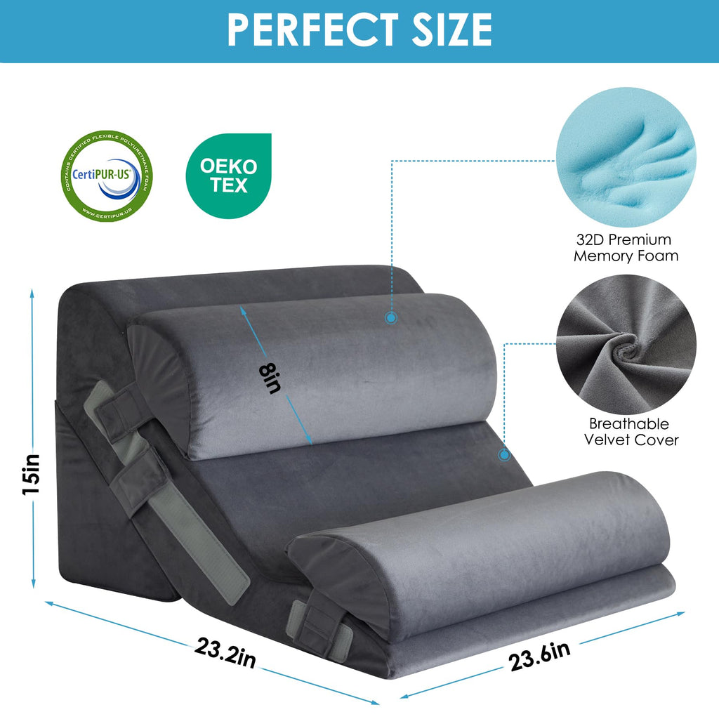 MEGCXIT 4PCS Bed Wedge Pillow for Headboard, 10-in-1 Adjustable Foam Wedge Pillow for Acid Reflux Relief, 23” Wide Triangle Pillow Wedge for Post Surgery, Back Pain Relief & Snoring, Grey