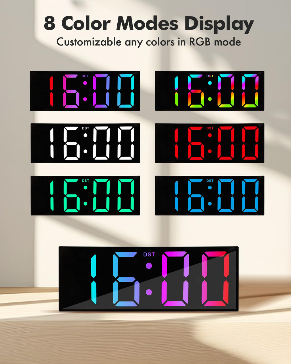 Alampan 12" Large Digital Wall Clock with Remote Control, Corded RGB LED Clock with Full Screen Display, Big Wall Clock for Classroom, Living Room, Elderly, Wall Mount Clock with DST, LED Wall Decor