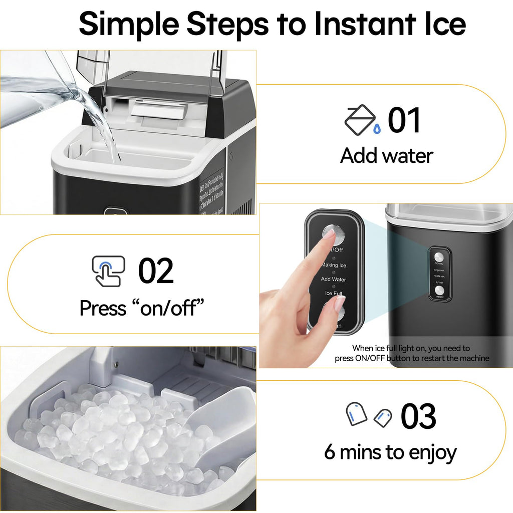KMFurnila Nugget Ice Maker Countertop, Portable Ice Makers Machine with Removable Basket and Scoop, Self-Cleaning, Quiet, 6-Min Ready, 24lbs in 24Hrs, Visible, for Home, Party, RV, Camping, Black