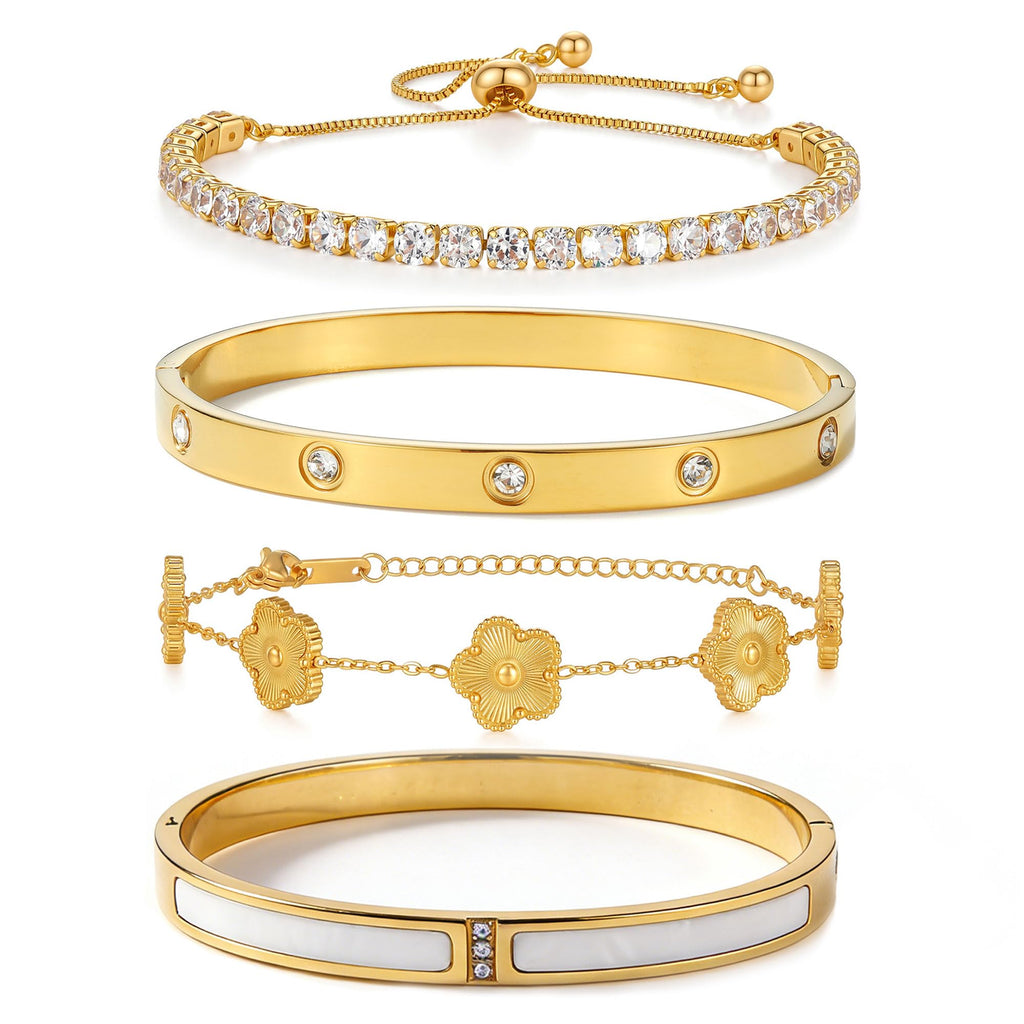 18K Gold Plated Stackable Bangles Bracelets for Women - 4 Pcs Gold Bracelet Set Trendy Stainless Steel Fashion Accessories, Dainty Stacked Jewelry Set Gift for Daily Wear Five Leaf Clover