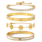 18K Gold Plated Stackable Bangles Bracelets for Women - 4 Pcs Gold Bracelet Set Trendy Stainless Steel Fashion Accessories, Dainty Stacked Jewelry Set Gift for Daily Wear Five Leaf Clover