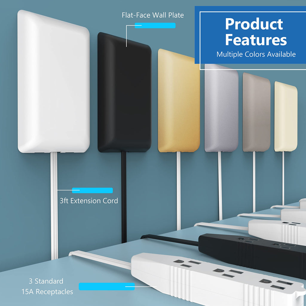 LIDER Flat-Face Outlet Extender with 3 Receptacles, Ultra-Thin Wall Plate Plug with Cord Extender and 3-Outlet Power Strip, 3ft Cord, LWE3-315-W, White