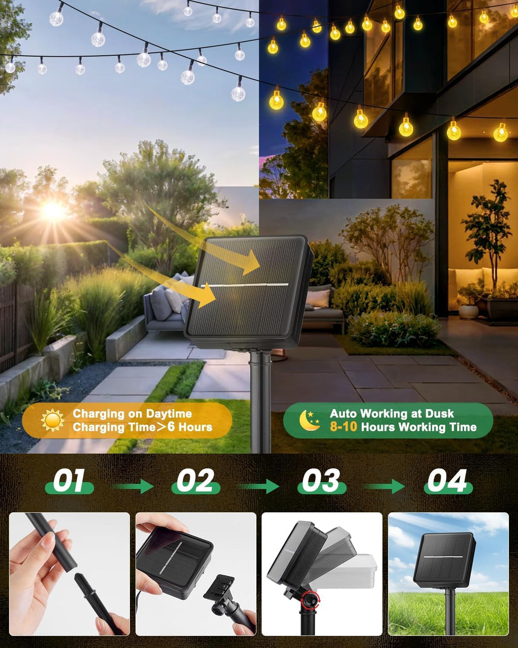 Brightown Solar String Lights Outdoor Waterproof, 2 Pack Total 120 LED 73 FT, Solar Powered Patio Lights with 8 Lighting Modes for Garden Yard Porch Wedding Party Decor (Warm White)