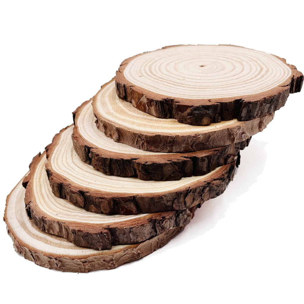 Natural Round Discs Rustic Wood Slices 6 Pcs 6.3-6.7 inch Unfinished Wood kit Circles Crafts Tree Slices with Bark Log Discs for DIY Arts and Wedding Christmas Ornaments