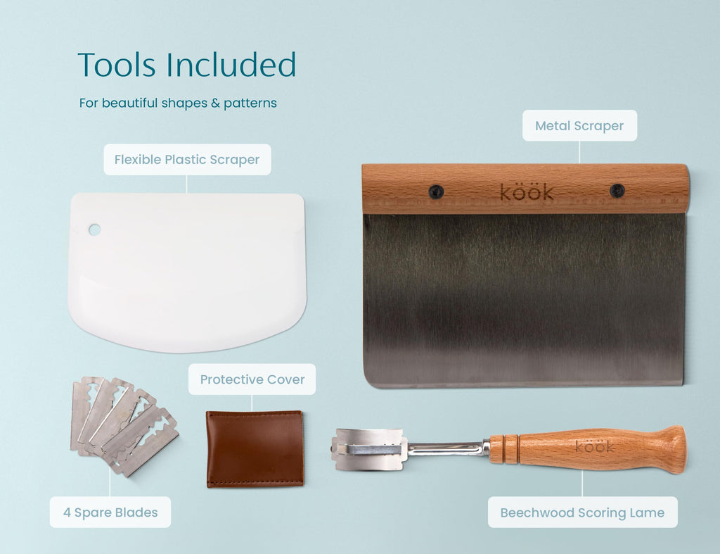 Kook Proofing Set, Sourdough Bread, 2 Rattan 9 Inch Banneton Baskets, 2 Basket Covers, Metal Scraper, Plastic Scraper, Scoring Lame, 5 Blades and Case, Baking Kit, Dough Bowls, Round Shape