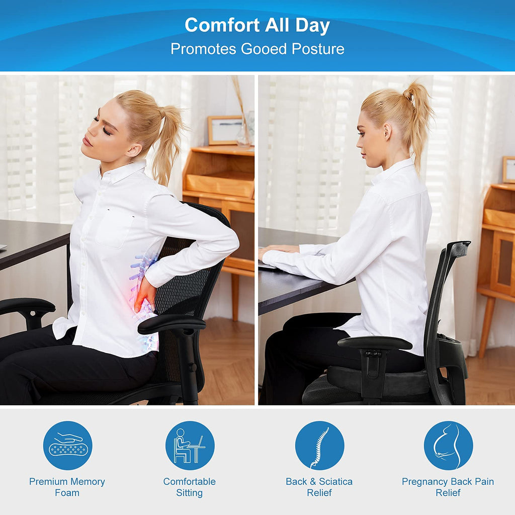 Bomdaia Seat Cushion Pillow for Office Chair, Desk Chair Car Cushion Pad for Tailbone Pain, Memory Foam Coccyx Seat Cushion for Sciatica, Back Pain Relief (Black)