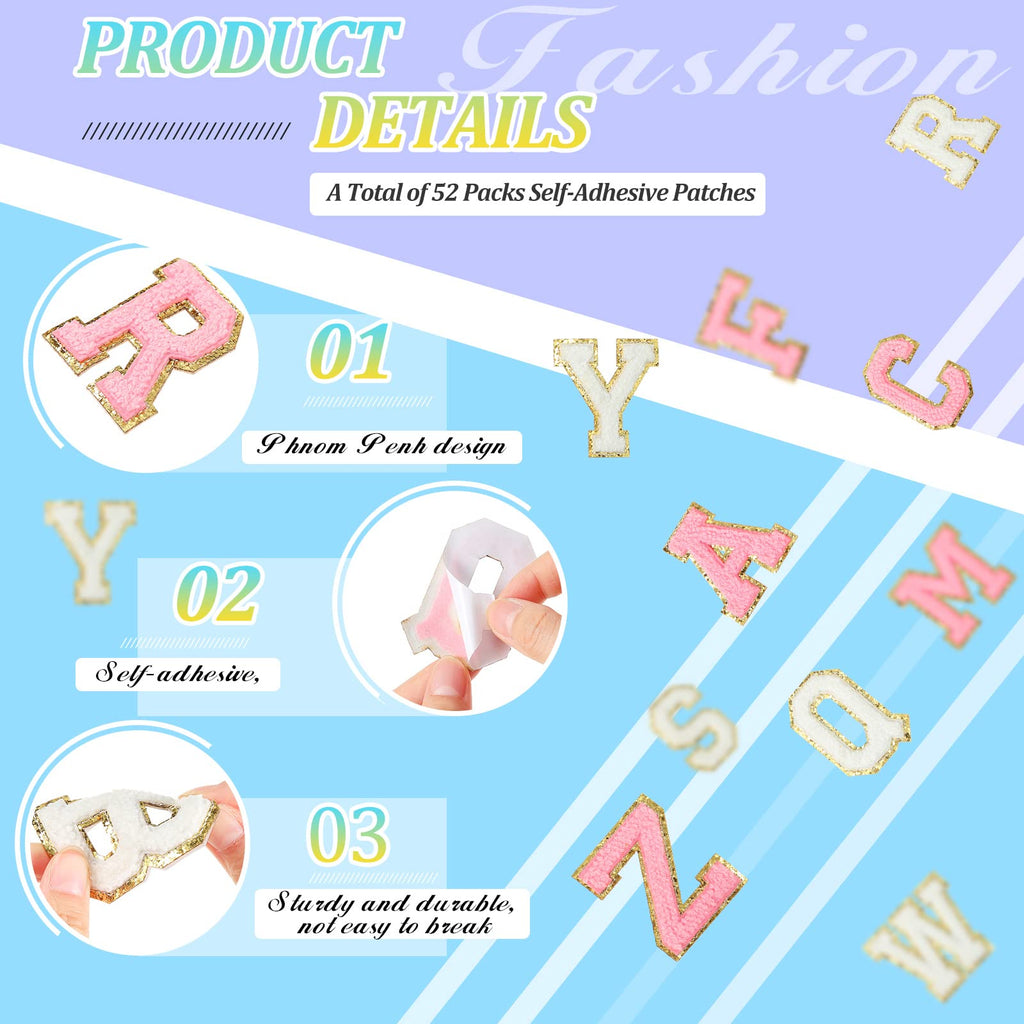 WILLBOND 52 Pcs Chenille Letter Patches Bulk Self Adhesive Letter Patches for Backpacks Stick on Letters Embroidered Applique Patch for Clothing Hats Halloween Christmas Supplies(White, Pink)
